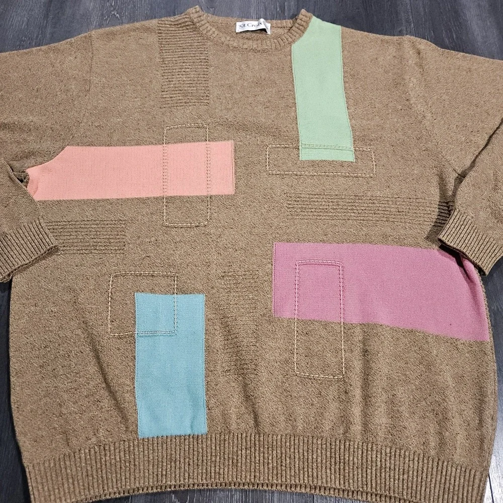 VTG St Croix Shop Knit Sweater Men‎ XL Tan Geometric Tennis Golf Preppy US Made
